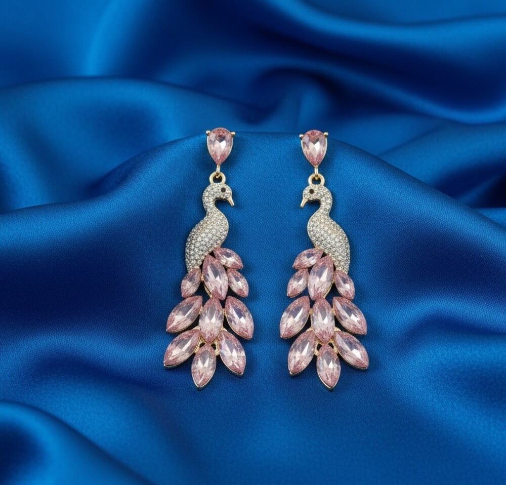 Museum Peacock Earrings Bird Pink Gold Boho CZ VTG Wedding Teardrop Palace Court